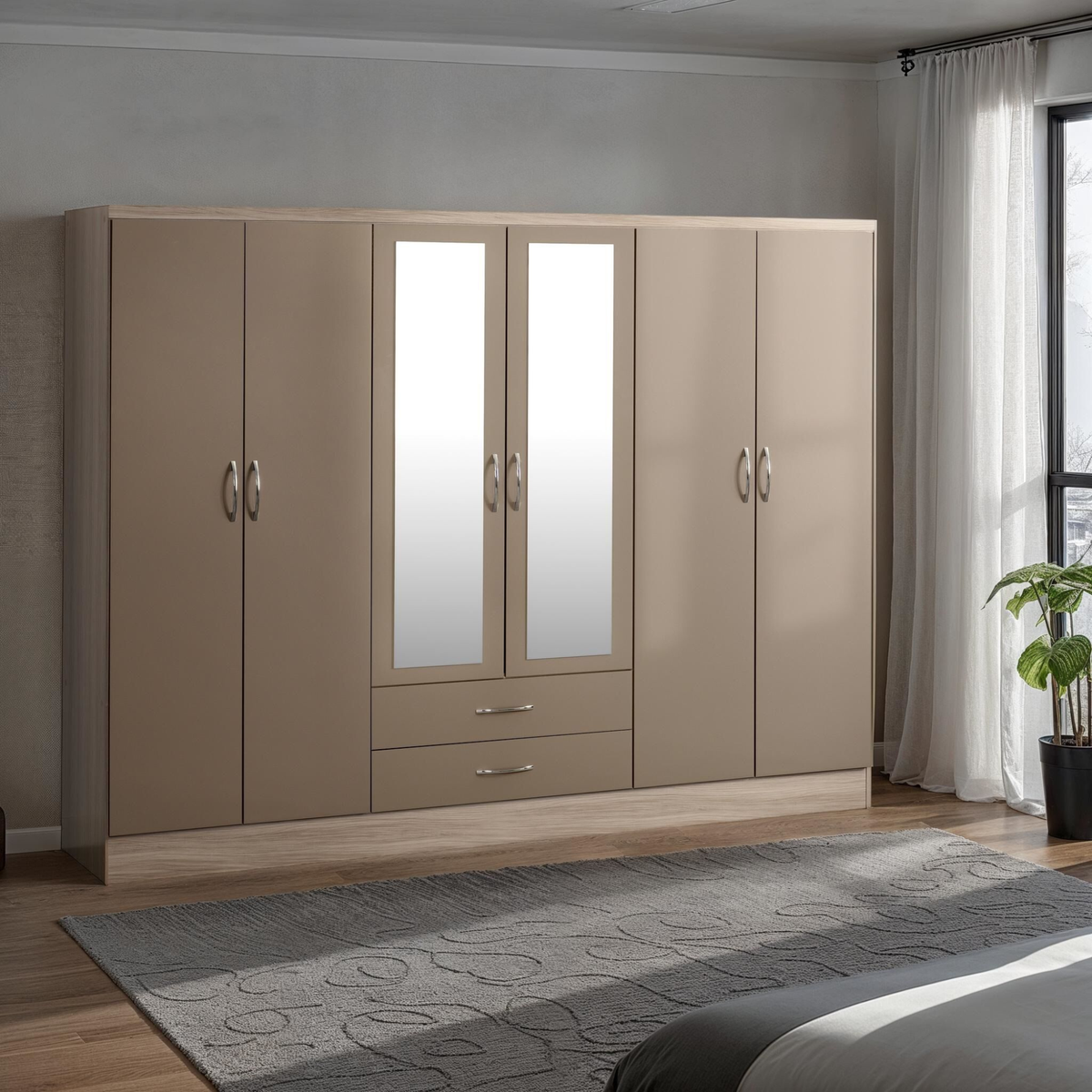Nevada 6 Door 2 Drawer Wardrobe - Oyster Gloss/Light Oak