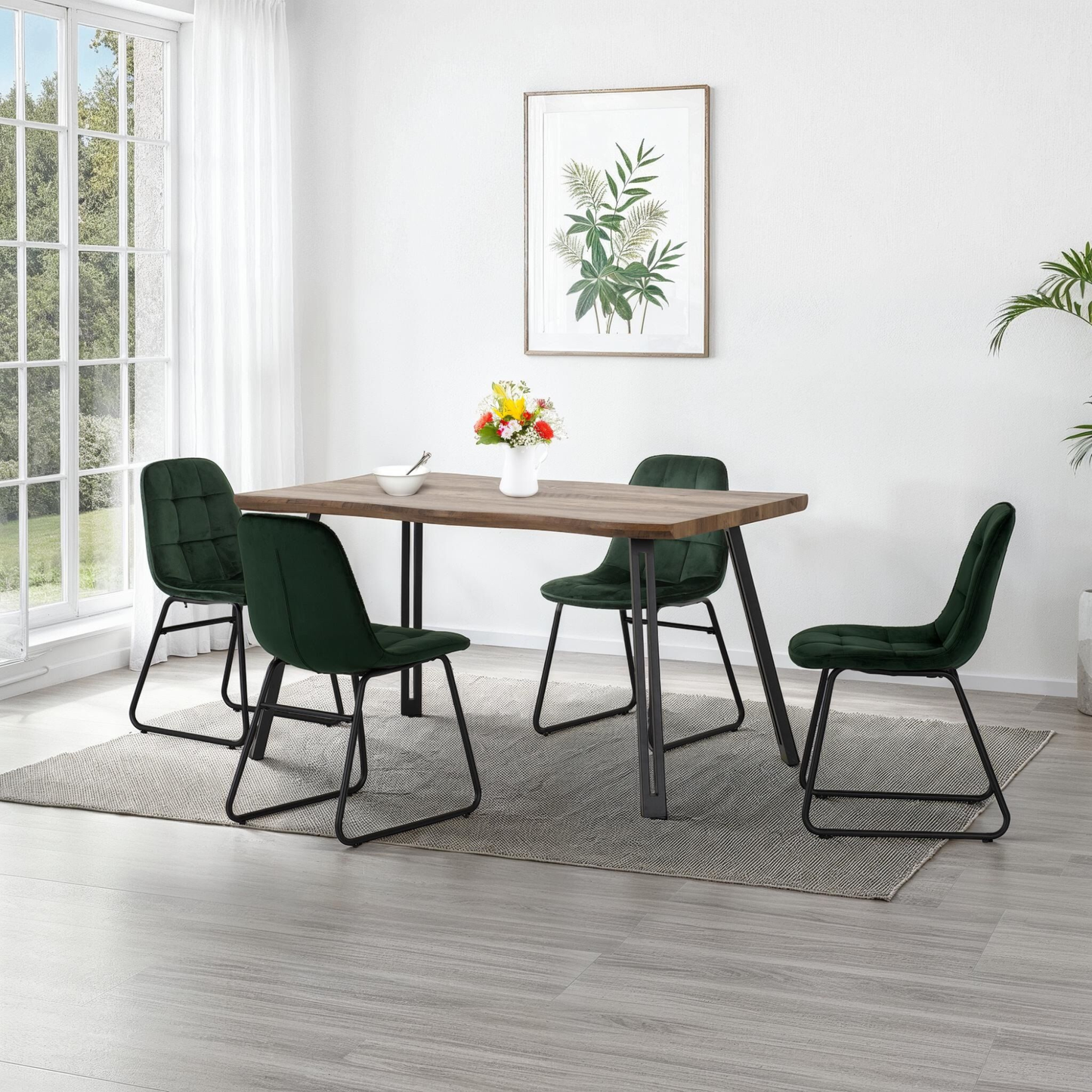 Quebec Wave & Lukas Dining Set - Oak Effect/Emerald Velvet