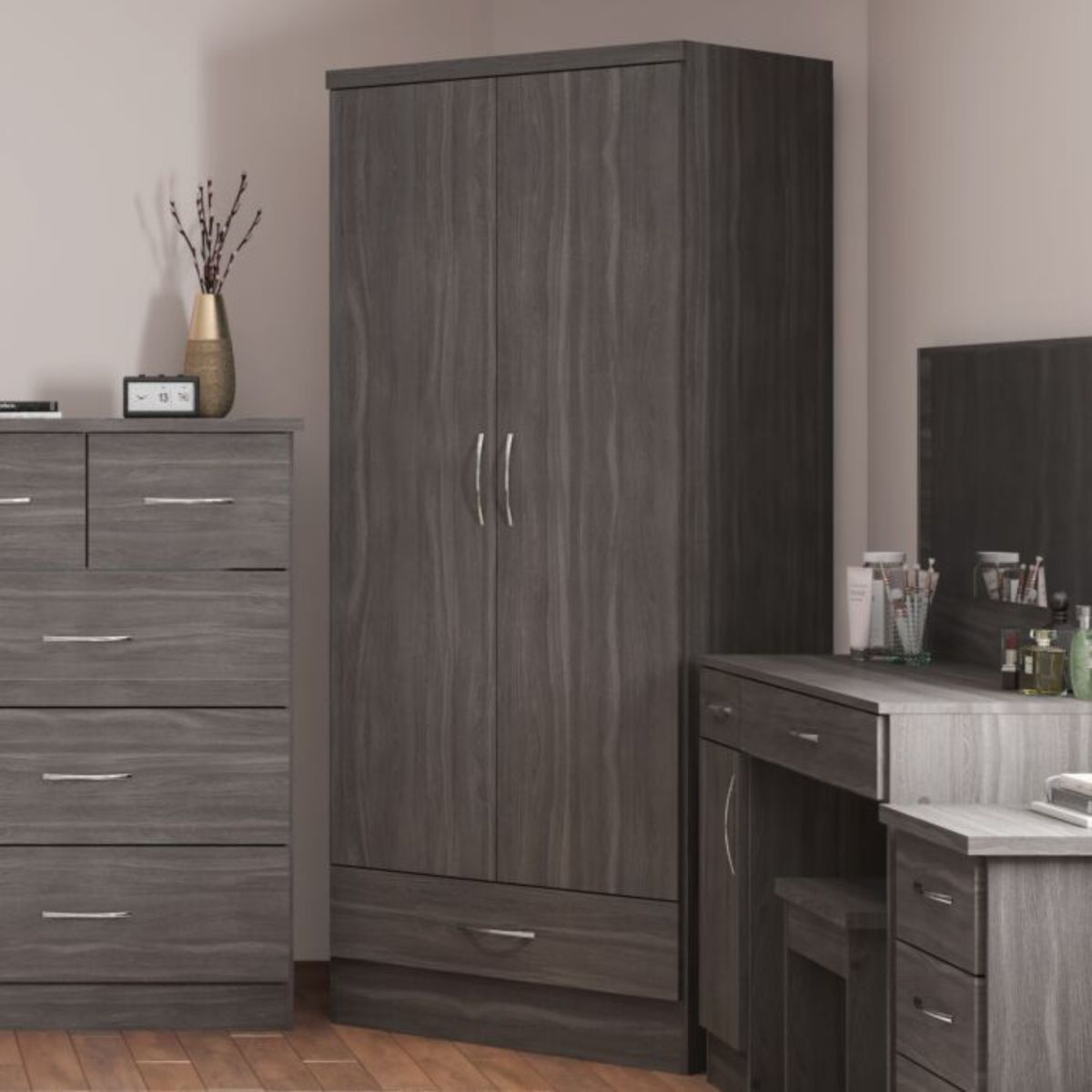 Nevada 2 Door 1 Drawer Wardrobe – Black Wood Grain
