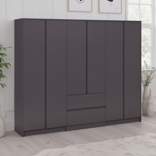 Malvern 6 Door 2 Drawer Wardrobe – Grey Modern Storage