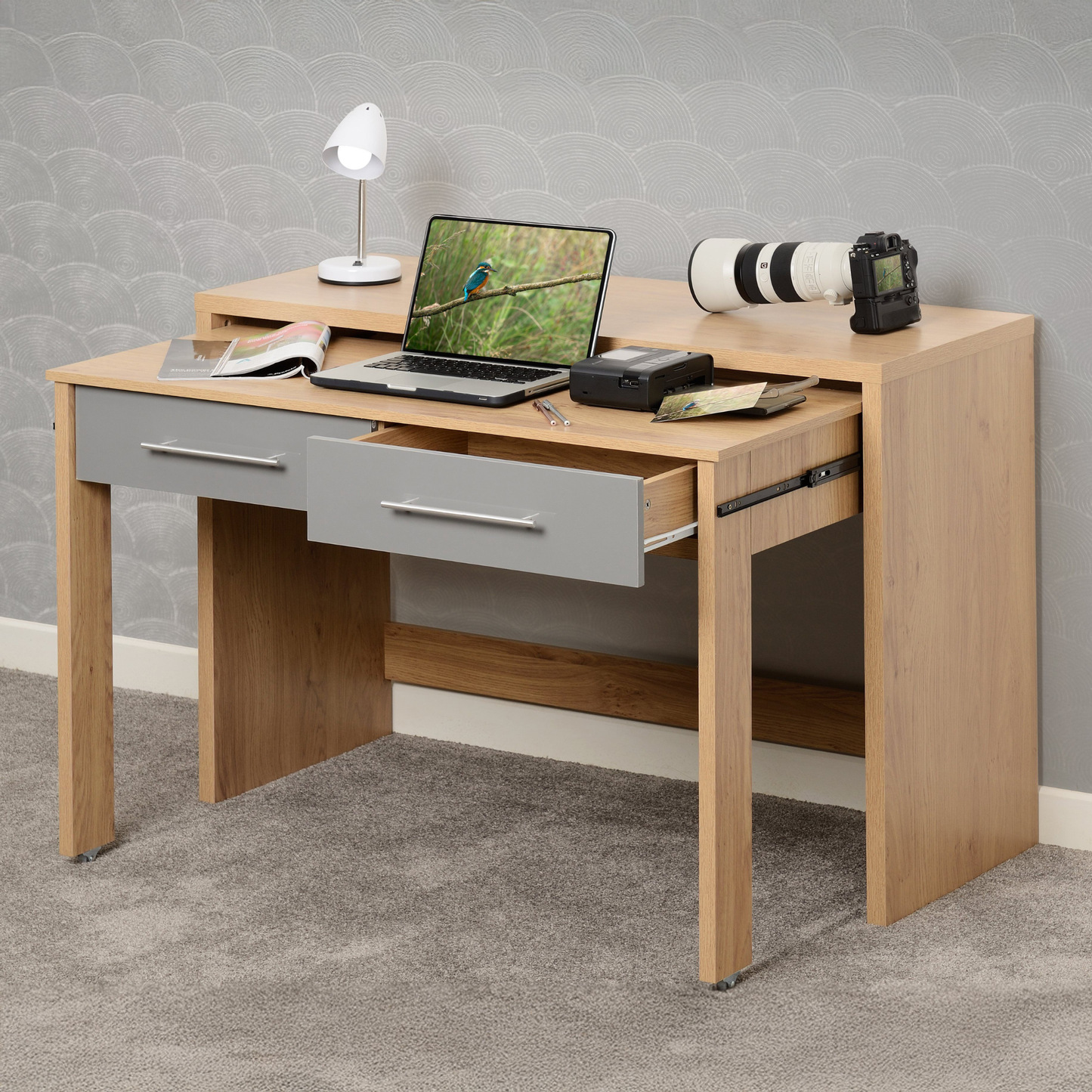 Seville 2 Drawer Slider Desk - Grey Gloss/Light Oak Effect Veneer