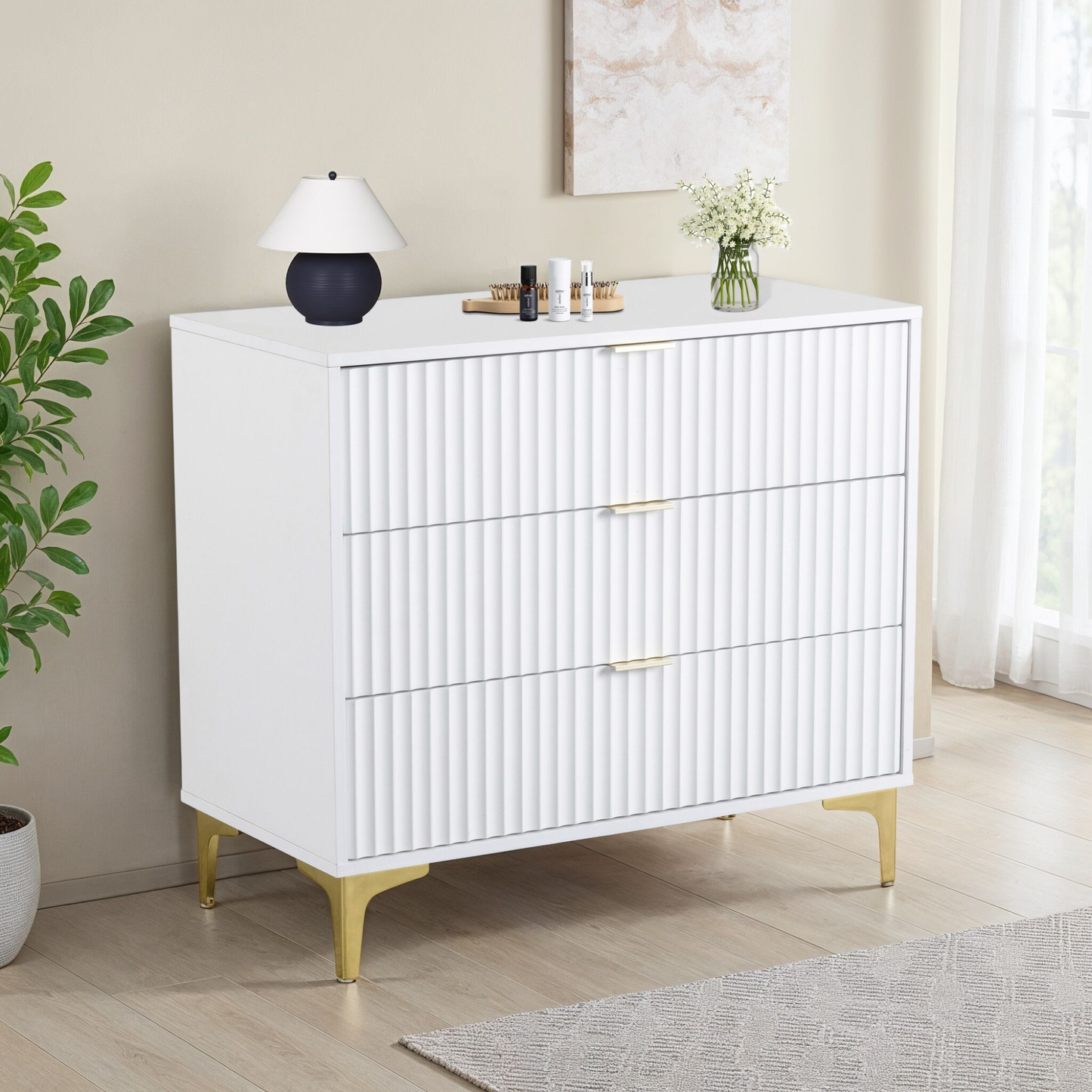 Miami 3 Drawer Chest – White/Gold, Elegant Storage Solution