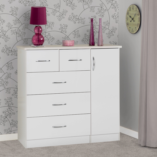 Nevada 5 Drawer Low Wardrobe - White Gloss