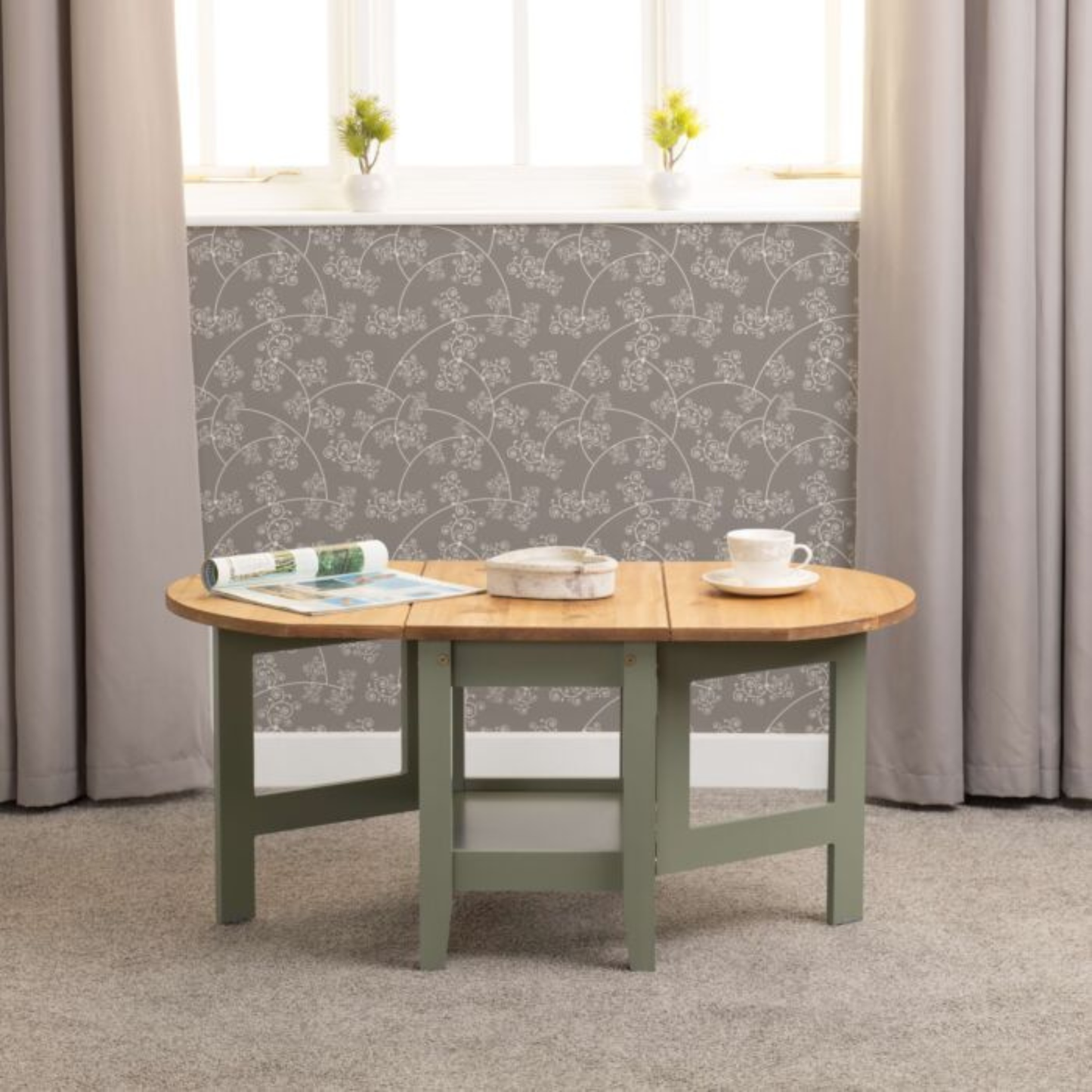 Santos Drop Leaf Coffee Table - Green Distressed Waxed Pine, Space-Saving Design