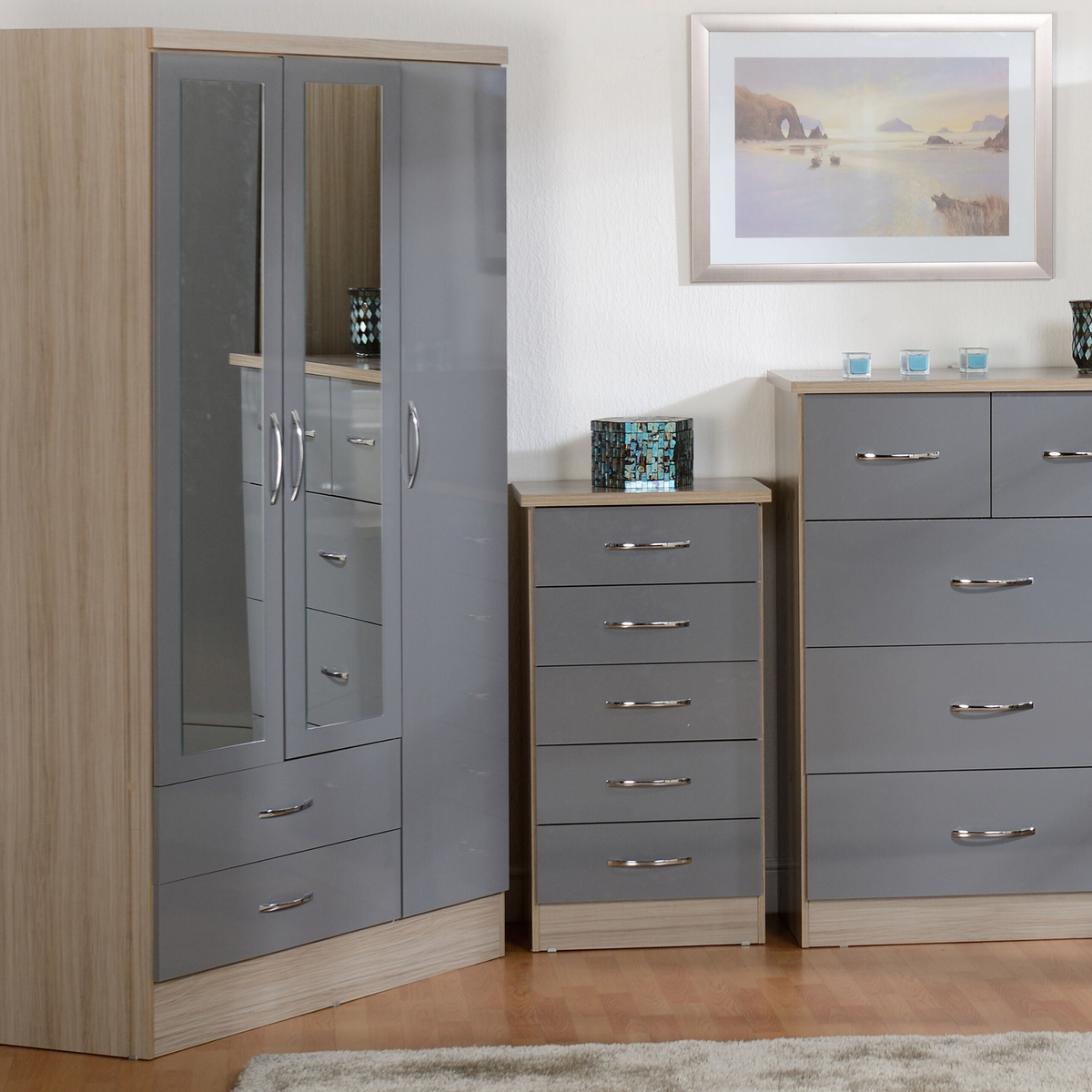 Nevada 3 Door 2 Drawer Wardrobe - Grey Gloss/Light Oak