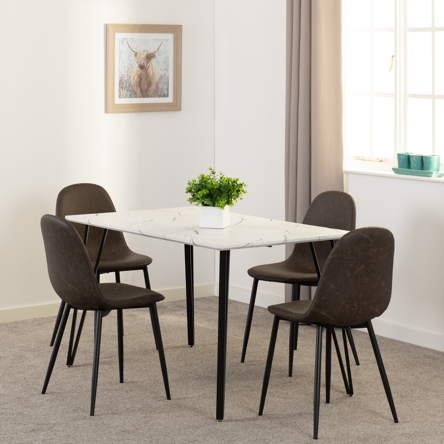 Marlow & Athens Dining Set (4 Chairs) - White Marble/Brown PU