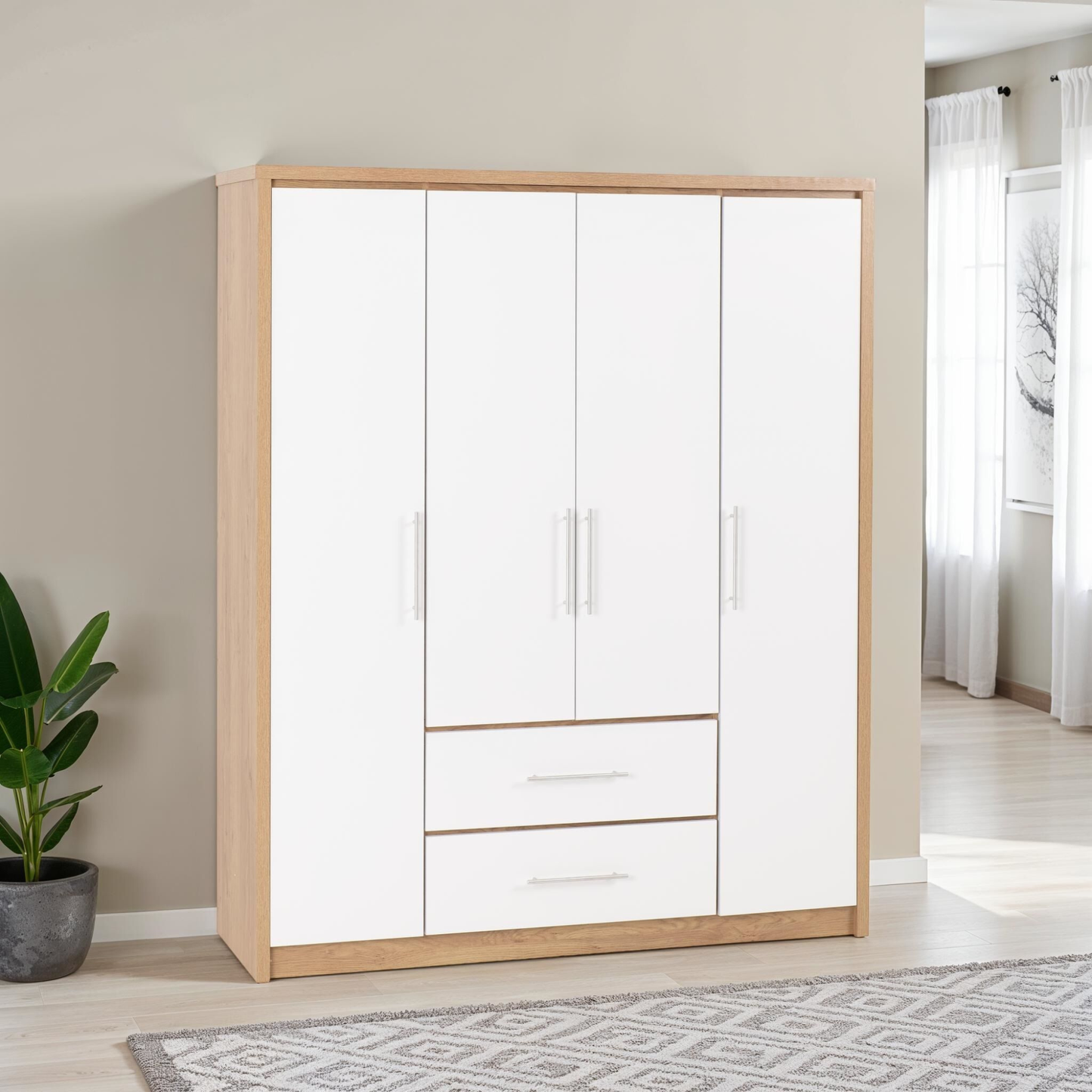 Seville 4 Door Wardrobe with 2 Drawers - White/Oak