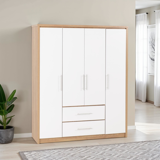 Seville 4 Door Wardrobe with 2 Drawers - White/Oak