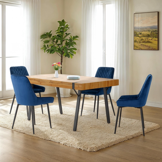 Treviso & Avery Dining Set - Light Oak Effect/Sapphire Blue Velvet