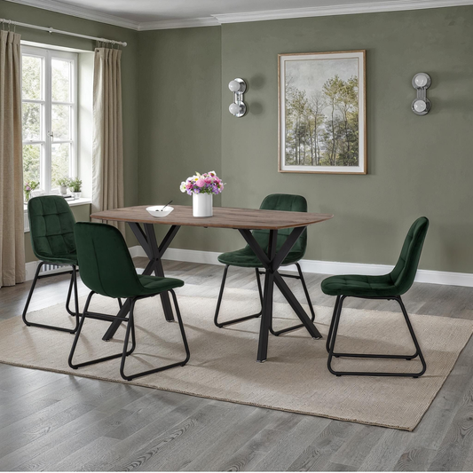 Athens Dining Set with 4 Lukas Chairs - Oak & Emerald Velvet