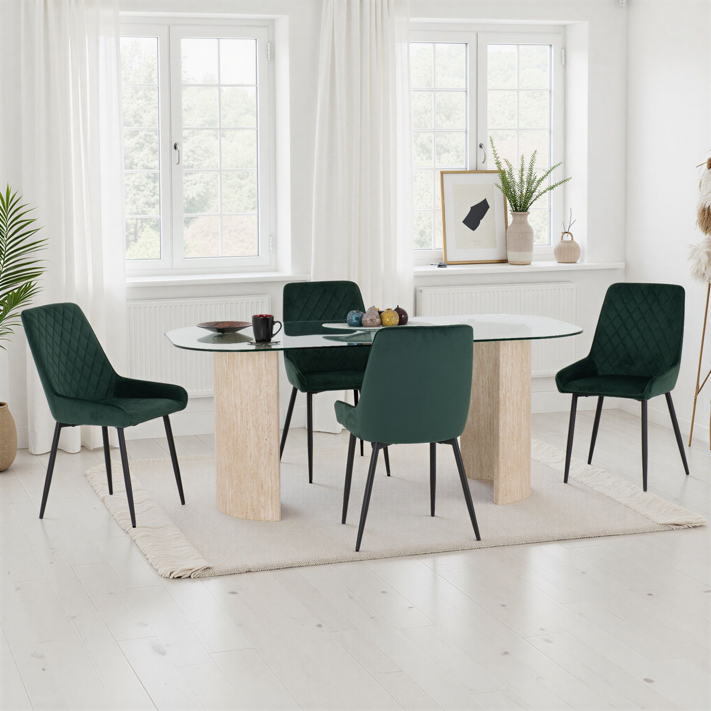 Modena & Avery Dining Set - Cream/Emerald Velvet (4 Chairs)