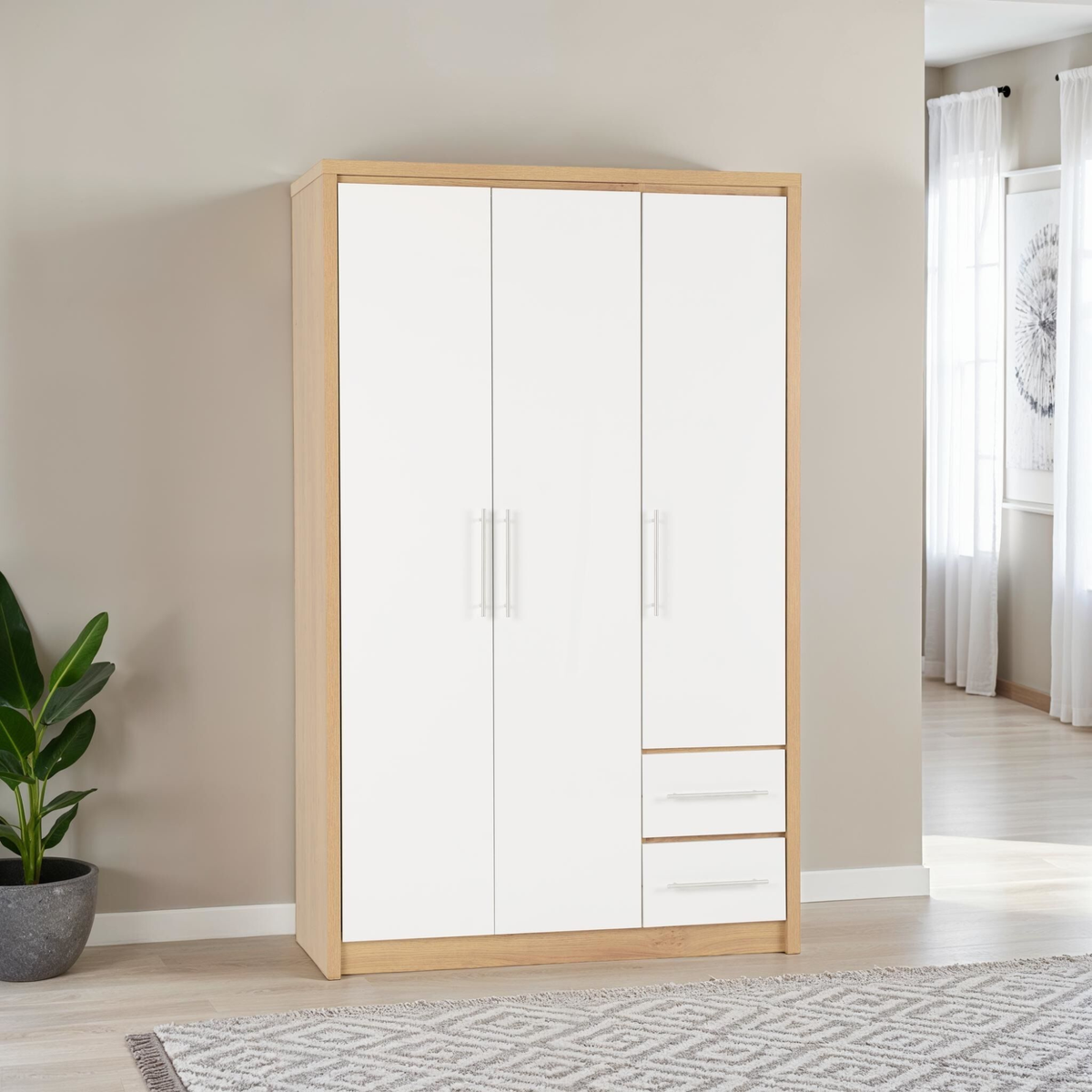 Seville 3 Door 2 Drawer Wardrobe - White Gloss/Oak Effect
