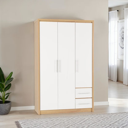 Seville 3 Door 2 Drawer Wardrobe - White Gloss/Oak Effect