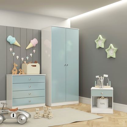 Denver Trio Set White/Blue Gloss Wardrobe Chest & Bedside