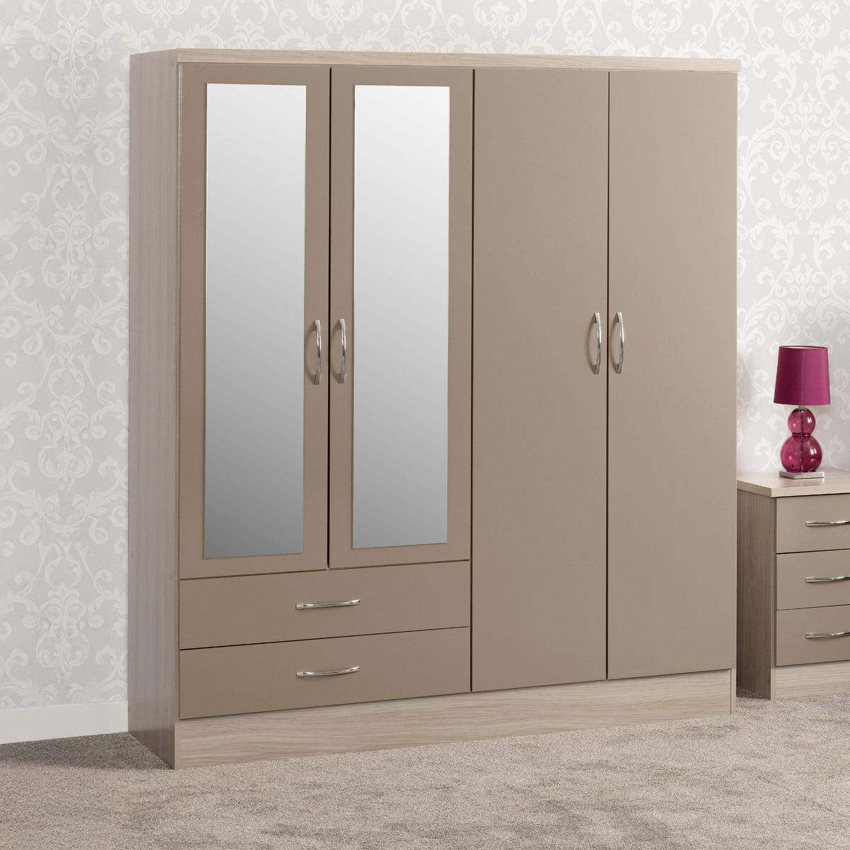 Nevada 4 Door 2 Drawer Mirrored Wardrobe – Oyster Gloss & Light Oak | Large Bedroom Wardrobe UK