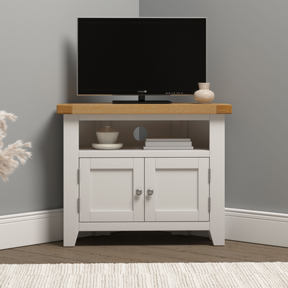 Windsor Corner TV Unit - Ivory/Oak - Hardwood & Plywood