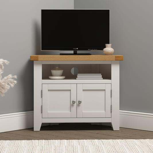 Windsor Corner TV Unit - Ivory/Oak - Hardwood & Plywood
