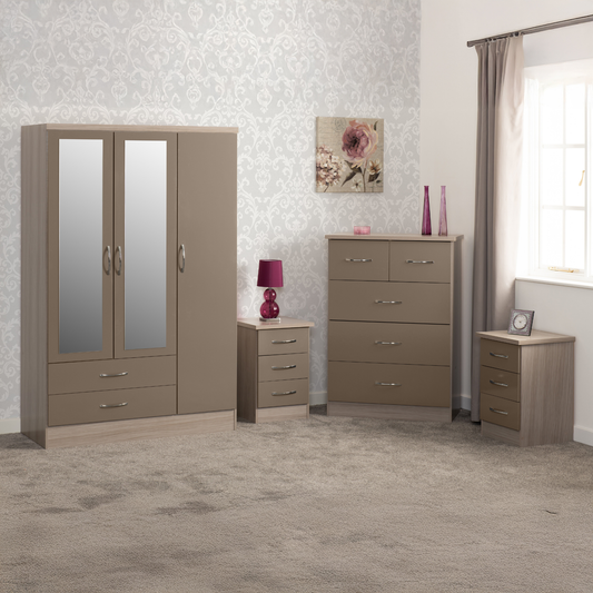 Nevada 3 Door 2 Drawer Wardrobe - Oyster Gloss/Light Oak Veneer