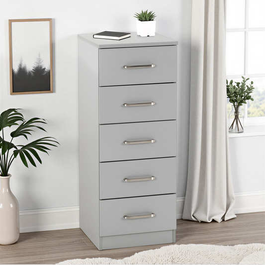 Dakota 5 Drawer Narrow Chest – Light Grey, Compact Bedroom Storage