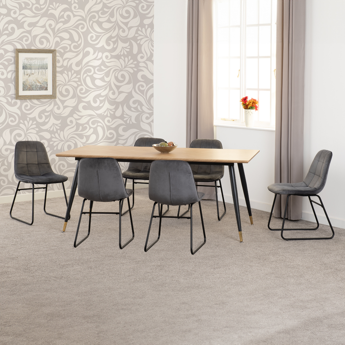 Hamilton & Lukas Large Dining Set (6 Chairs) - Oak/Grey Velvet