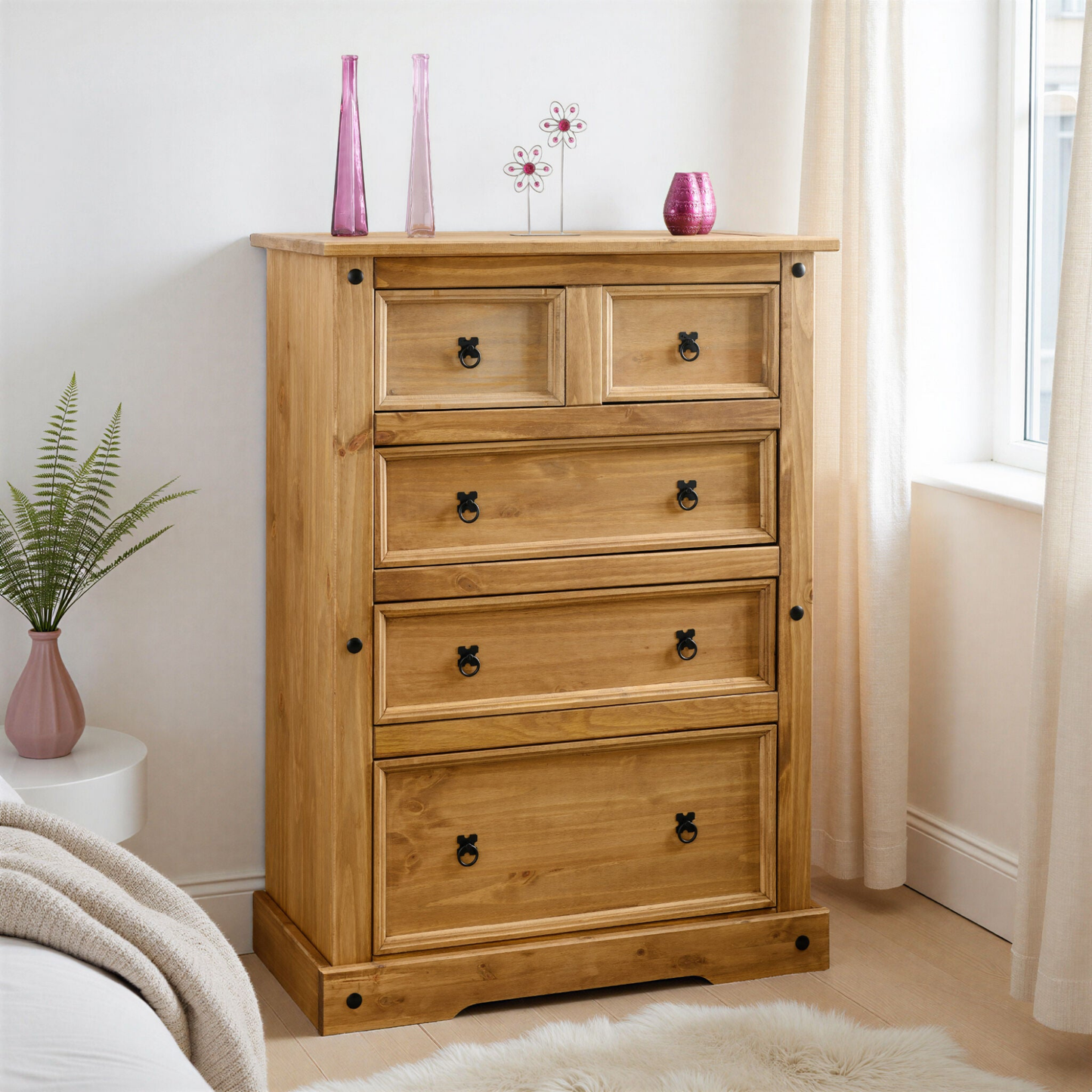 Corona 3+2 Drawer Chest – Distressed Waxed Pine, Rustic Storage