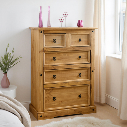 Corona 3+2 Drawer Chest – Distressed Waxed Pine, Rustic Storage