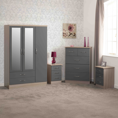 Nevada 3 Door 2 Drawer Wardrobe - Grey Gloss/Light Oak Veneer