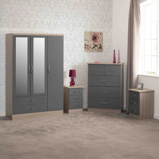 Nevada 3 Door 2 Drawer Wardrobe - Grey Gloss/Light Oak Veneer