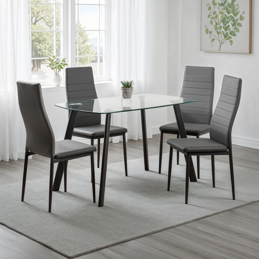 Abbey Small Dining Set (4 Chairs) - Clear Glass/Grey Faux Leather