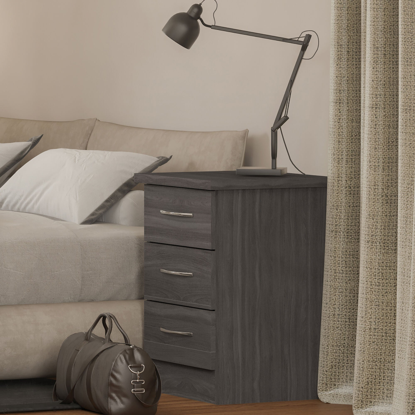 Nevada 3 Drawer Bedside – Black Wood Grain Storage