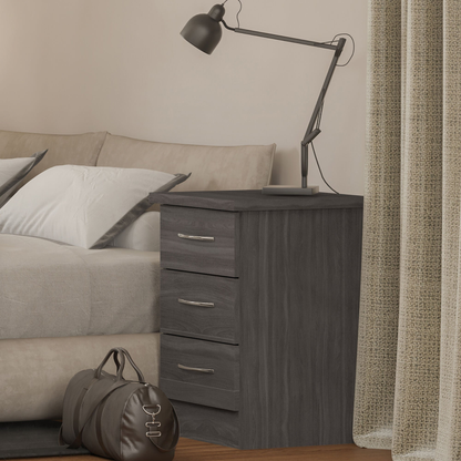 Nevada 3 Drawer Bedside – Black Wood Grain Storage