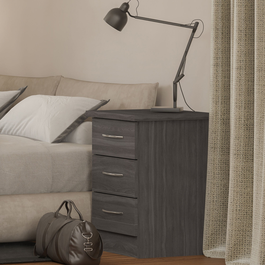 Nevada 3 Drawer Bedside – Black Wood Grain Storage