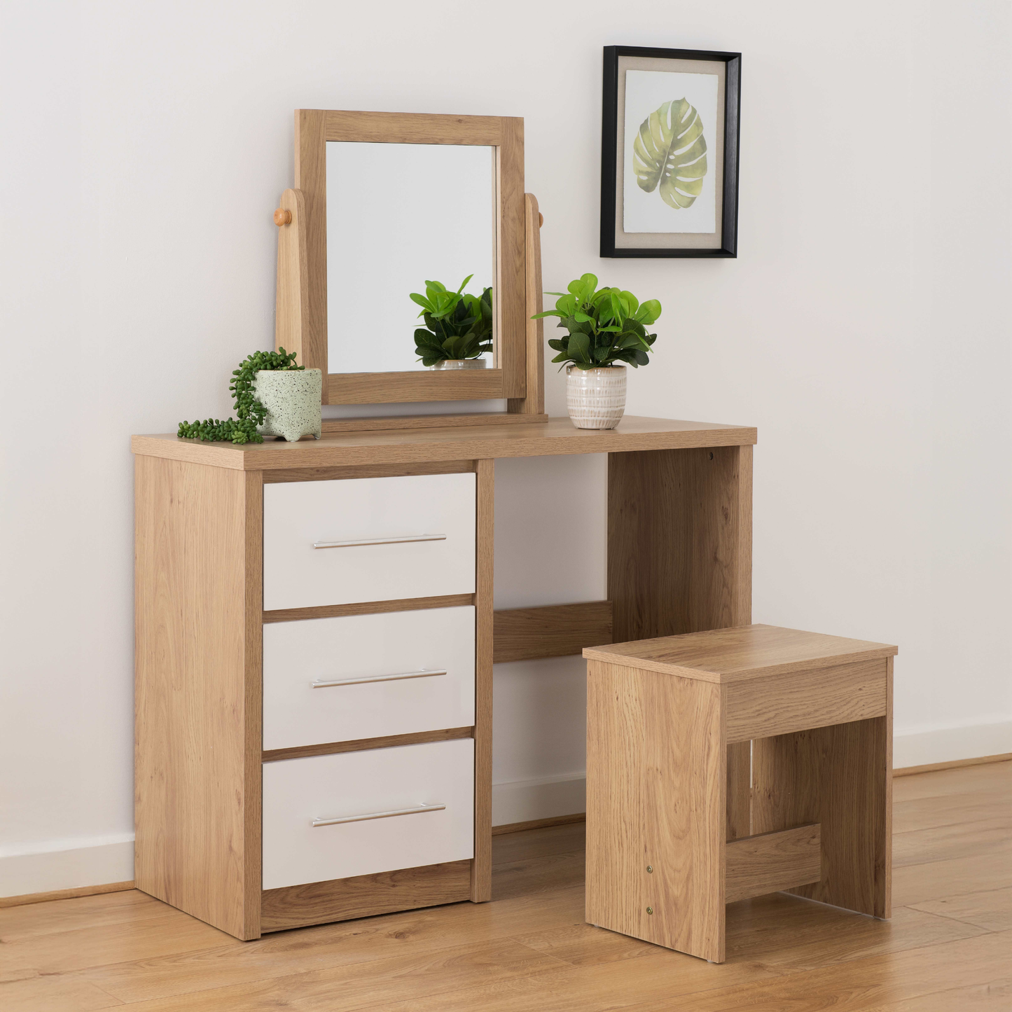 Seville Dressing Table Set - White Gloss/Light Oak Effect Veneer
