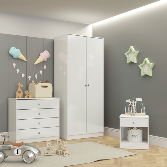 Denver Trio Set White Gloss Wardrobe Chest & Bedside