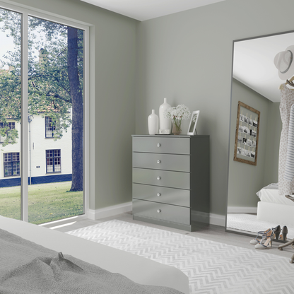 Denver 5 Drawer Chest – Grey Gloss, Modern Bedroom Storage