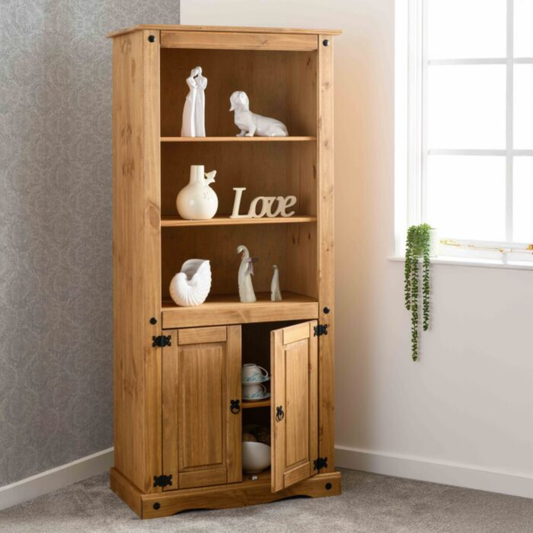 Corona 2 Door Display Unit & Bookcase – Distressed Waxed Pine