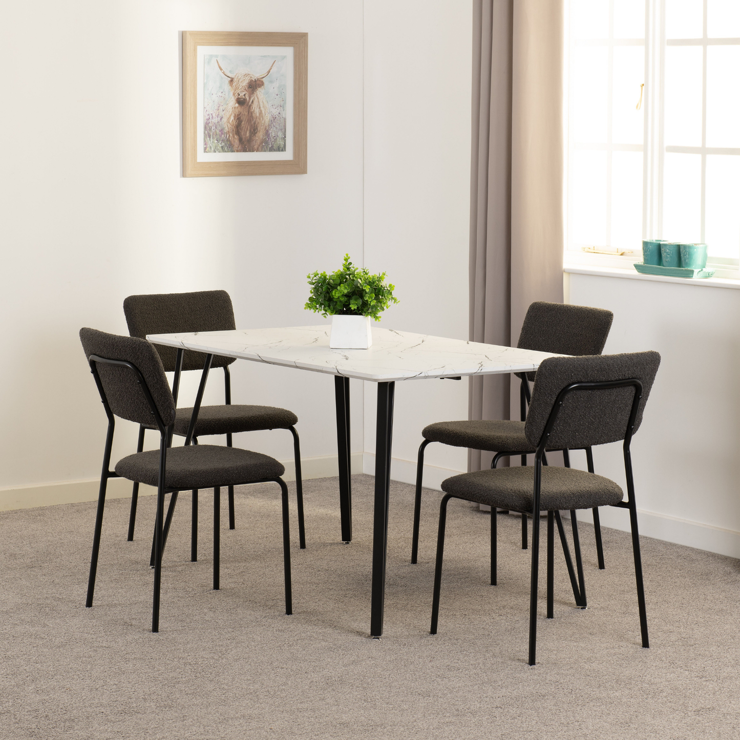 Marlow & Sheldon Dining Set - White Marble/Grey Boucle (4 Chairs)