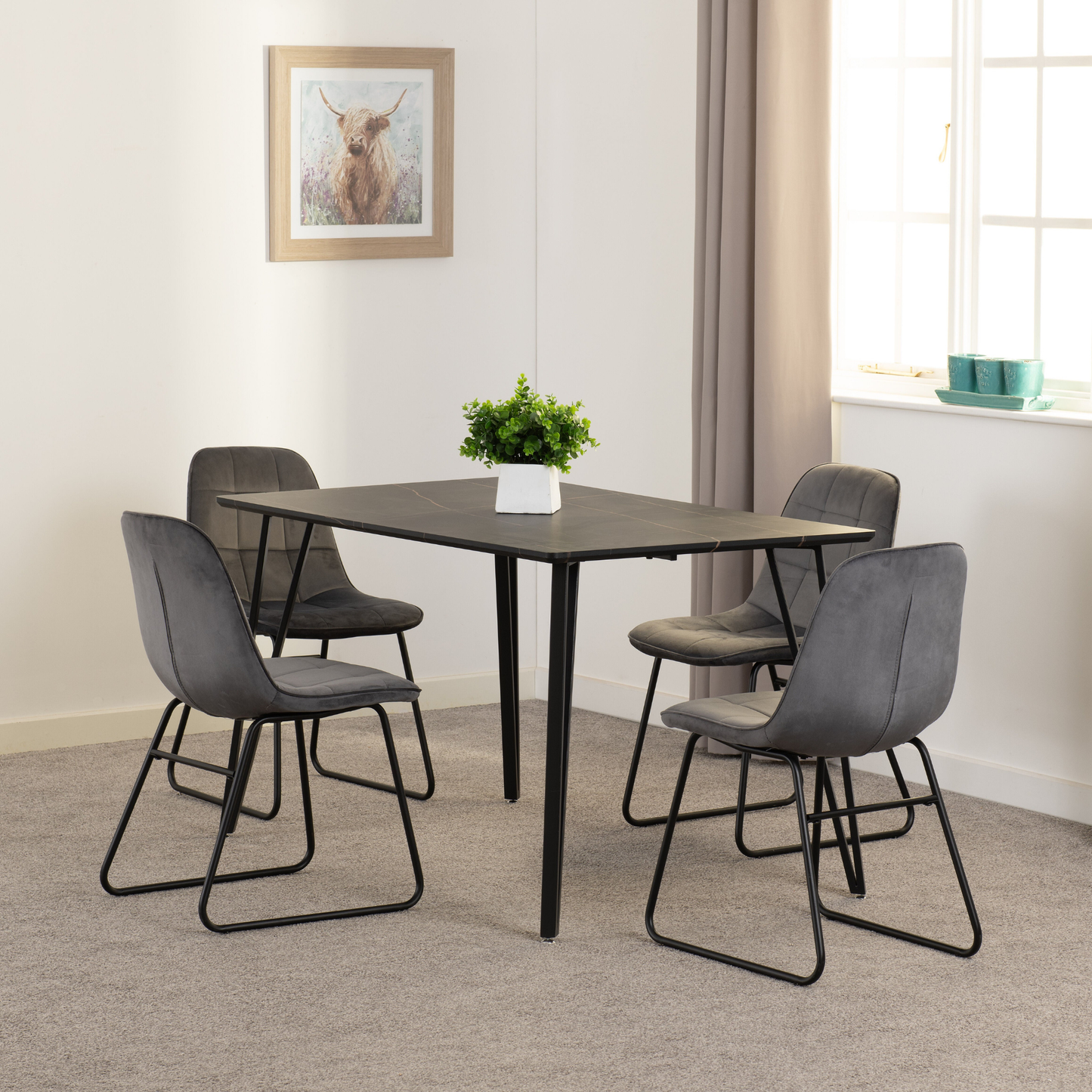 Marlow & Lukas Dining Set - Black Marble/Grey Velvet