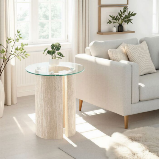 Modena Side Table – Glass & Cream Marble Effect Modern Table