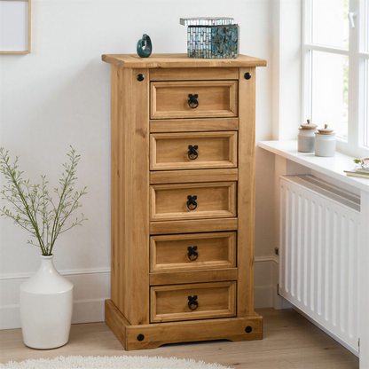 Corona 5 Drawer Narrow Chest – Distressed Waxed Pine, Space-Saving Storage