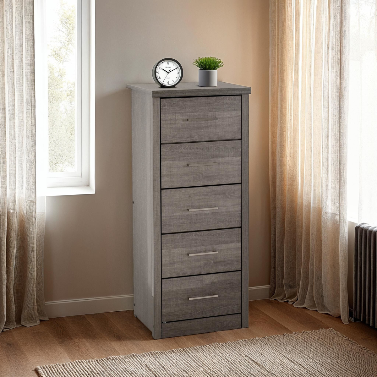 Lisbon 5 Drawer Narrow Chest – Black Wood Grain, Modern Storage