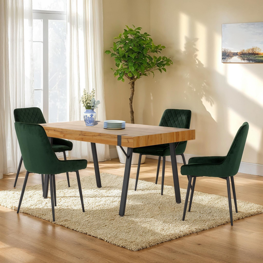 Treviso & Avery Dining Set - Light Oak Effect/Emerald Green Velvet