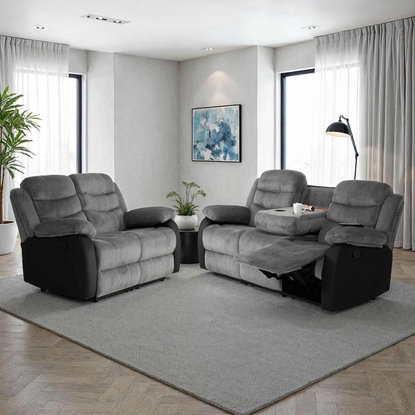 Roma 3+2 Recliner Suite - Grey Cord Fabric/Black Faux Leather