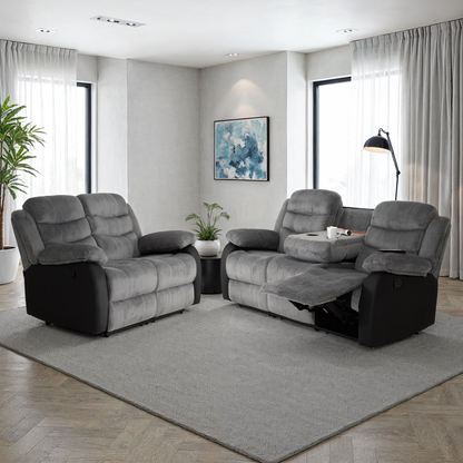 Roma 3+2 Recliner Suite - Grey Cord Fabric/Black Faux Leather