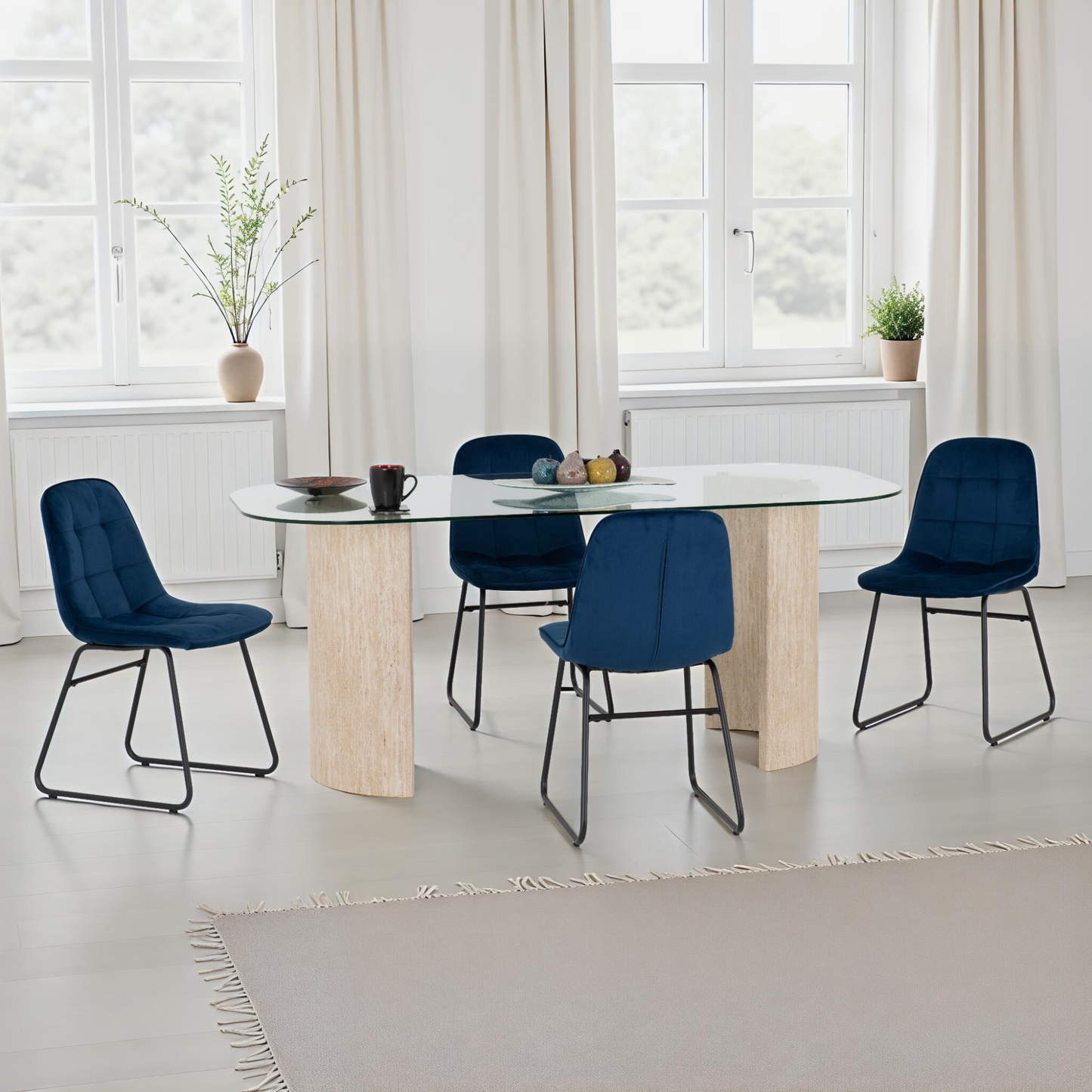 Modena & Lukas Dining Set - Cream/Sapphire Blue Velvet (4 Chairs)