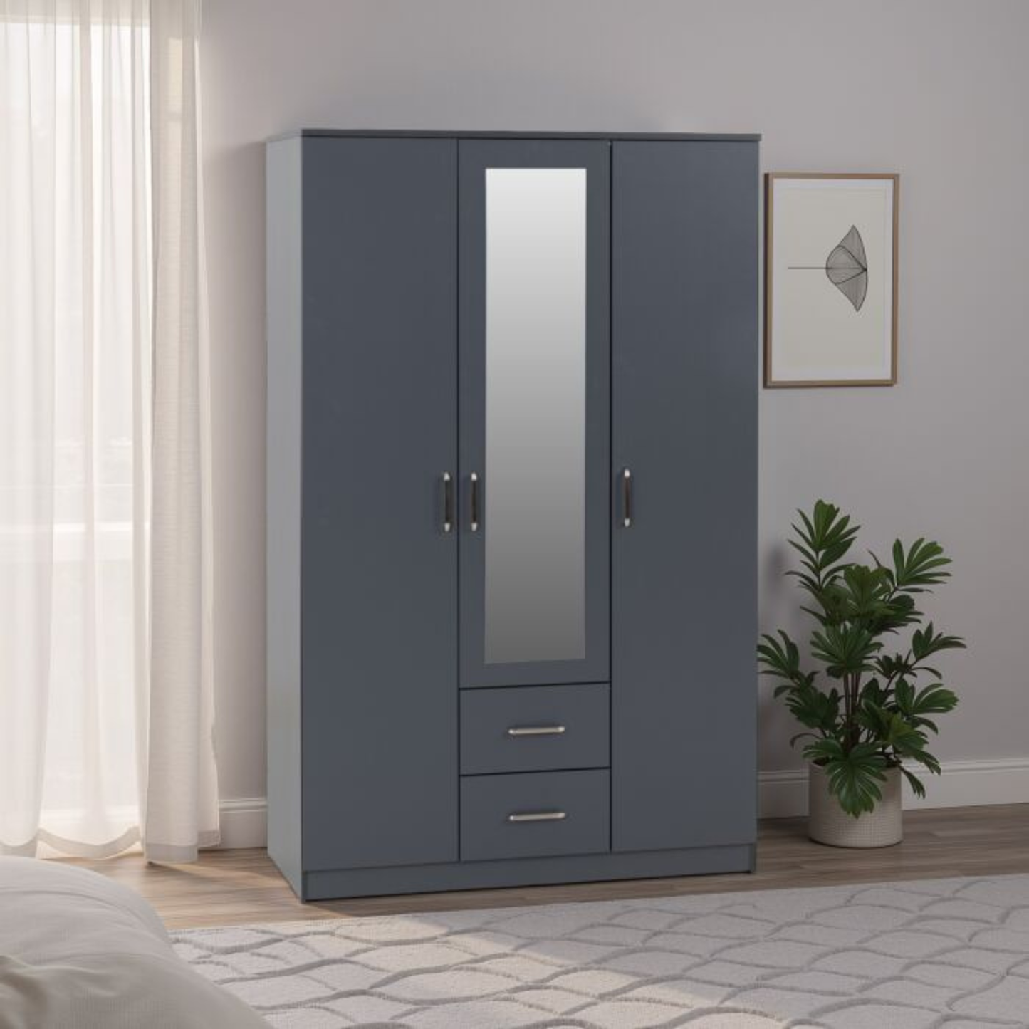 Dakota 3 Door 2 Drawer Mirrored Wardrobe – Dark Grey