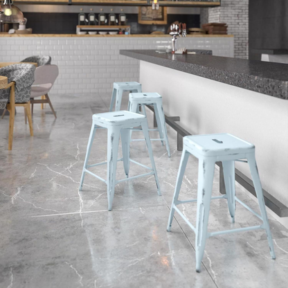 Kai 24" Industrial Pale Blue Bar Stools – Set of 4 – Metal Counter Height
