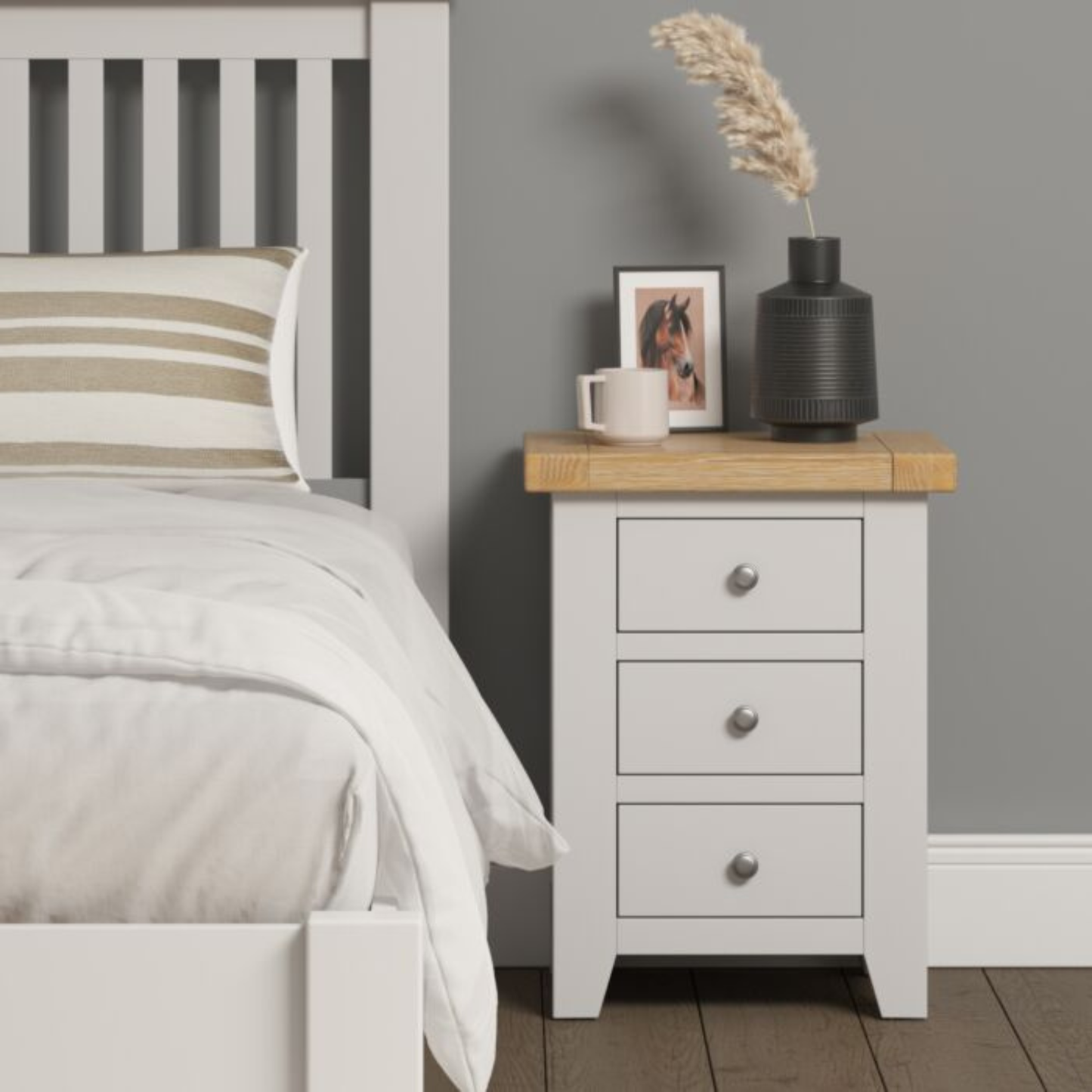 Windsor 3 Drawer Bedside Table – Ivory/Oak