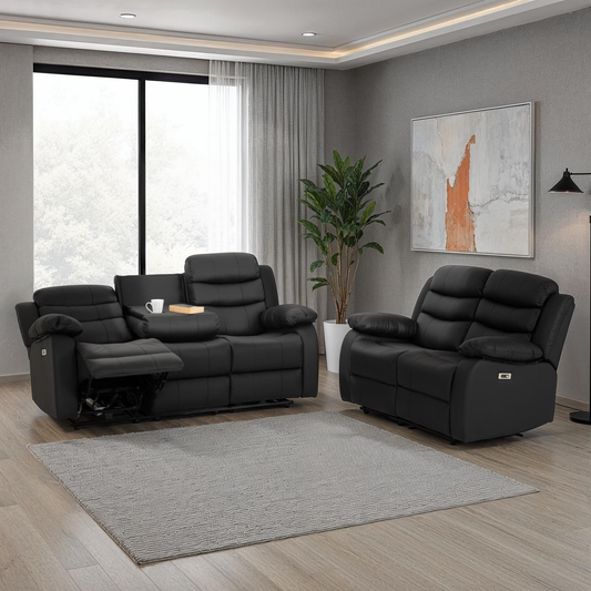 Roma 3+2 Electric Recliner Suite - Black Faux Leather
