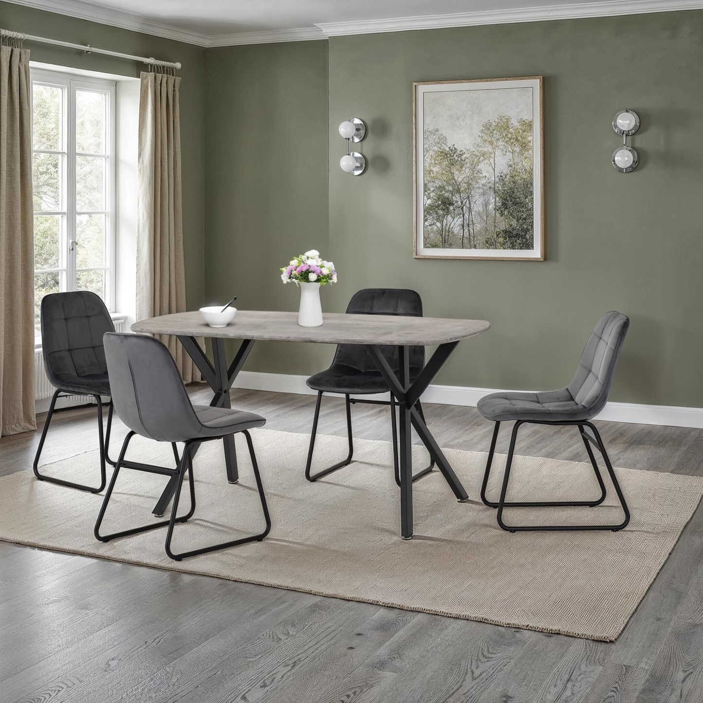 Athens Dining Set with 4 Lukas Chairs - Concrete & Grey Velvet